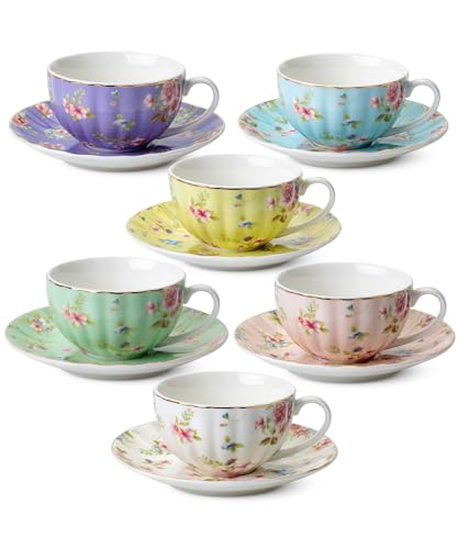 BTaT- Floral Tea Cups and Saucers Set of 6 (7 oz), Porcelain Tea Cups Set of 6, Pastel Bloom Design with Gold Trim, Dishwasher &