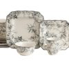 Adelaide 16-Piece Square Floral Dinnerware Set – Service for 4, Grey & White Porcelain Plates & Bowls, for Everyday Dining &