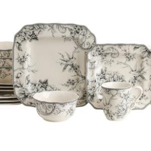 Adelaide 16-Piece Square Floral Dinnerware Set – Service for 4, Grey & White Porcelain Plates & Bowls, for Everyday Dining &