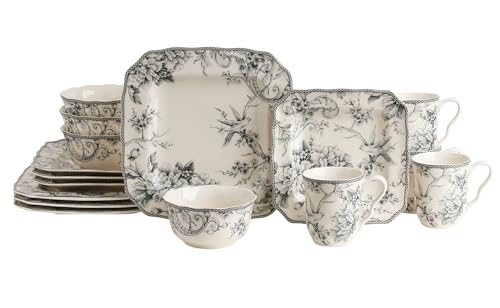 Adelaide 16-Piece Square Floral Dinnerware Set – Service for 4, Grey & White Porcelain Plates & Bowls, for Everyday Dining &