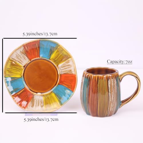 12 Pieces Fine Porcelain Brone Color Glazed Hand-drawn Tea Cups and Saucers,Classical Art Rainbow Pattern 7oz Tea Cup set for 6