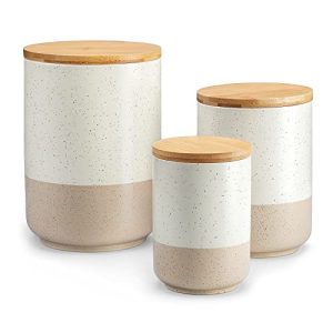 Sabine Ceramic Canister Set with Airtight Wood Lids - 3-Piece Kitchen Storage for Flour, Sugar, Coffee, Tea & Spices - Modern