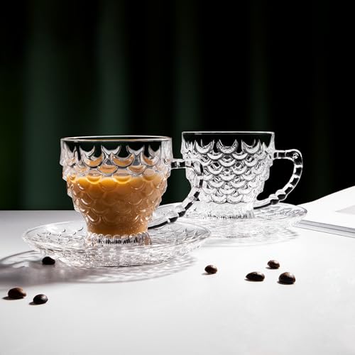 Glass Tea Cups and Saucers Set of 6 - Fish Scale Coffee Mugs - Teacups Set for Espresso Cappuccino Latte Tea - Dishwasher