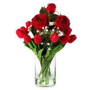 Red Silk Rose Fake Flowers with Vase, Mixed Real Touch Tulip Artificial Flowers in Glass Vase for Dining Table, Faux Flower