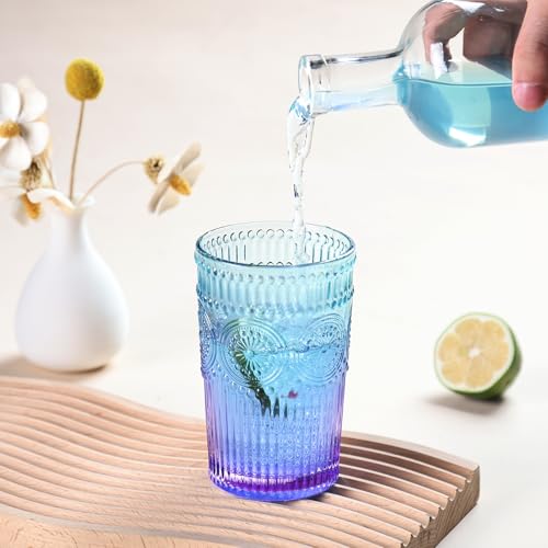 6pcs Vintage Drinking Glasses Set, 12 oz Glass Cups, Embossed Ribbed Glassware Drinking Glasses for Cocktail, Water, Juice,
