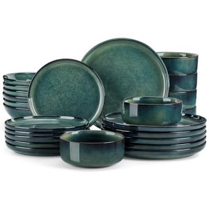 Starry Plates and Bowls Sets for 6, 24 Pieces Dinnerware Sets, Green Reactive Glaze Dishes Sets for Kitchen, Scratch Resistant