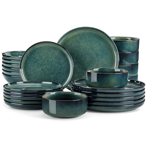 Starry Plates and Bowls Sets for 6, 24 Pieces Dinnerware Sets, Green Reactive Glaze Dishes Sets for Kitchen, Scratch Resistant