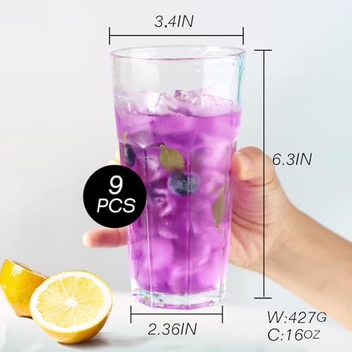 Highball Drinking Glasses Set of 9, Water Glasses 16 oz,Iced Tea Glasses for Water, Juice,