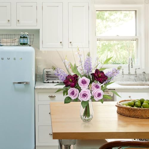 Large Artificial Flowers Floral Arrangement, Mixed Purple Rose, Lilacs, White Orchids Potted Fake Silk Flowers in Clear Vase