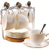 ® White Porcelain 5OZ- Tea Cup and Saucer Coffee Cup Set with Saucer and Spoon, Set of 6 (6 Tea Cup Set With Bracket)