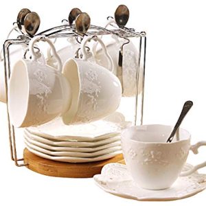 ® White Porcelain 5OZ- Tea Cup and Saucer Coffee Cup Set with Saucer and Spoon, Set of 6 (6 Tea Cup Set With Bracket)