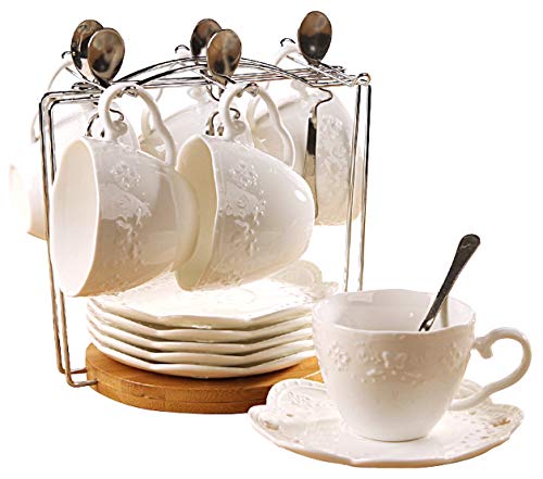 ® White Porcelain 5OZ- Tea Cup and Saucer Coffee Cup Set with Saucer and Spoon, Set of 6 (6 Tea Cup Set With Bracket)