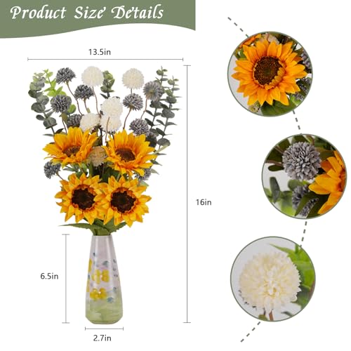 Fake Sunflowers with Hand-Painted Vase,16" Artificial Flowers in Small Ceramic Vase,Silk Flower Eucalyptus Bouquet Faux