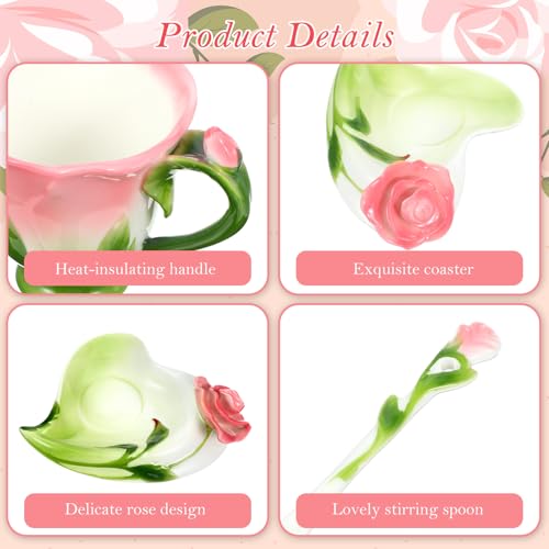 Flower Tea Cup and Saucer Set, 6 Oz Ceramic Rose Flower Coffee Cup with Spoon, Hand-Painted Cute Mug Gift for Women Birthday