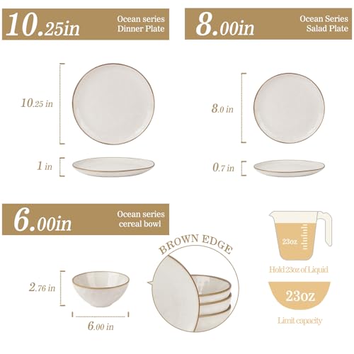 Dinnerware Sets for 4, Ocean Round 12-Piece Kitchen Plates and Bowls Sets, Reactive Glaze, Microwave and Dishwasher Safe,