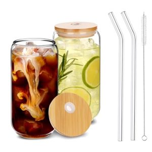 2 Pcs Drinking Glasses with Bamboo Lids and Straw 2pcs Set - 16oz U-Shaped Cups, Iced Coffee Glasses, Cute Reusable Bottle,