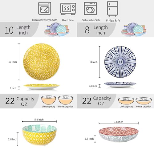 Ceramic Dinnerware Sets for 6, 24 Piece Plates and Bowls Sets, Highly Chip and Crack Resistant Dishes Set-Dishwasher & Microwave