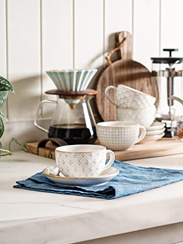 Cappuccino Cups with Saucers 6 oz, Ceramic Embossment Coffee Cup for Au Lait, Double shot, Latte, Cafe Mocha, Tea, Dishwasher