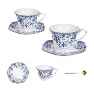 Vintage Floral Porcelain Tea Cup and Saucer Set with Spoon, Gold Trim, 6.4 oz – Set of 2, Blue – Tea & Espresso & Coffee Cups