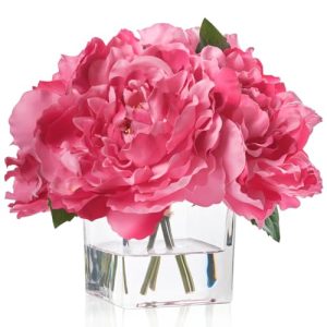 Artificial Peonies Flowers Arrangements in Cube Glass Vase, WELLKNOWN Silk Flower Centerpieces for Dining Room Table, Coffee