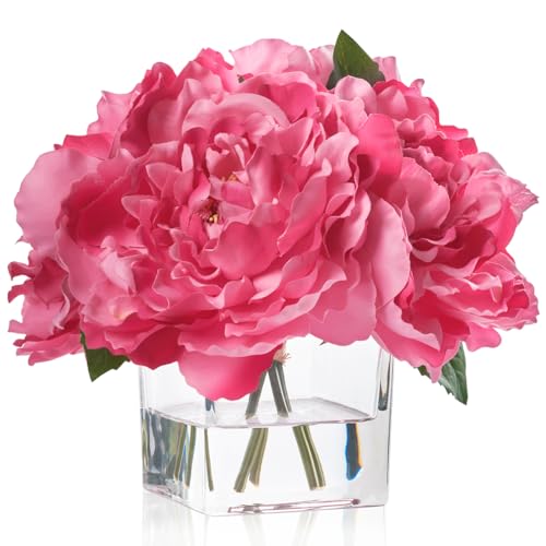 Artificial Peonies Flowers Arrangements in Cube Glass Vase, WELLKNOWN Silk Flower Centerpieces for Dining Room Table, Coffee
