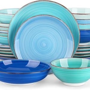 Bonita Dinnerware Set 24 Pieces Blue Stoneware Service for 6, Handpainted Spirals Pattern Stoneware Combination Set