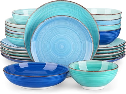 Bonita Dinnerware Set 24 Pieces Blue Stoneware Service for 6, Handpainted Spirals Pattern Stoneware Combination Set