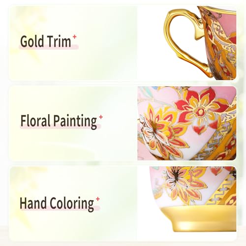 Tea Cups and Saucers Set of 8, 8 OZ Floral Tea Cup with Saucer, Vintage Tea Cups Porcelain Tea Set with Spoon for Latte, Mocha,