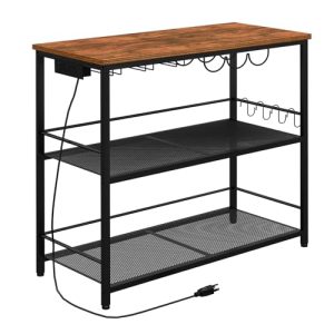 Kitchen Island with Power Outlet, Kitchen Storage Rack with 4 S Hooks, Microwave Stand with Wine Rack, 3-Tier Coffee Station,