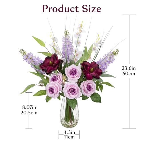 Large Artificial Flowers Floral Arrangement, Mixed Purple Rose, Lilacs, White Orchids Potted Fake Silk Flowers in Clear Vase