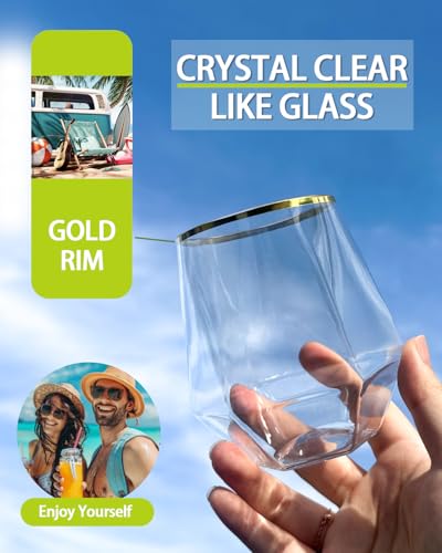 40 Pcak Plastic Stemless Wine cocktail Whiskey Champagne Glasses, 12 Oz Gold Rim Disposable Clear Unbreakable Cups for Party