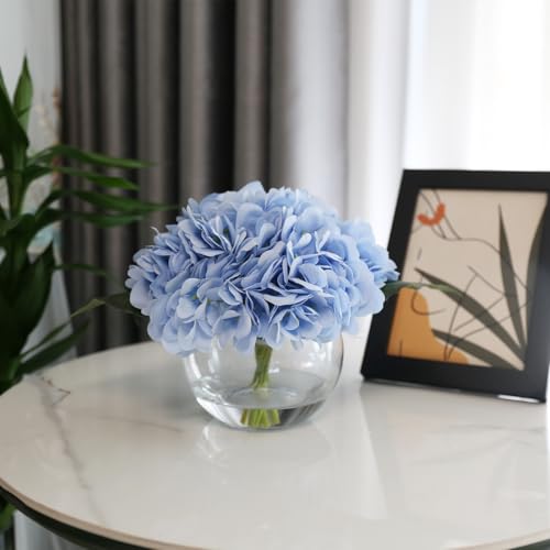 Hydrangea Fake Flowers in Vase, Silk Flowers in Vase with Faux Water for Home Decor Indoor (Blue)