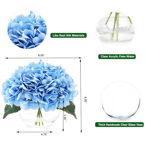 Hydrangea Fake Flowers in Vase, Silk Flowers in Vase with Faux Water for Home Decor Indoor (Blue)