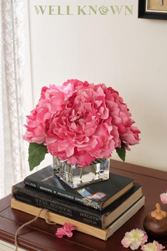 Artificial Peonies Flowers Arrangements in Cube Glass Vase, WELLKNOWN Silk Flower Centerpieces for Dining Room Table, Coffee