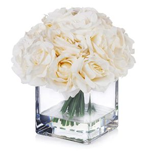 18 Pieces Rose Artificial Flowers in Vase, Artificial Flowers Arrangements in Vase with Faux Water for Dining Table Decoration,