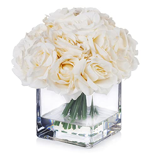 18 Pieces Rose Artificial Flowers in Vase, Artificial Flowers Arrangements in Vase with Faux Water for Dining Table Decoration,