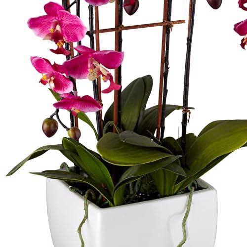 Potted Silk Faux Artificial Flowers Arrangements Realistic Purple Fuchsia Orchid in White Ceramic Pot for Home Decoration Living