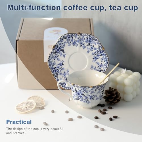 Vintage Floral Porcelain Tea Cup and Saucer Set with Spoon, Gold Trim, 6.4 oz – Set of 2, Blue – Tea & Espresso & Coffee Cups