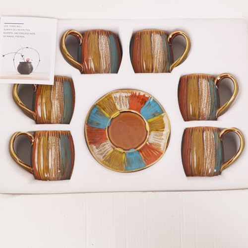 12 Pieces Fine Porcelain Brone Color Glazed Hand-drawn Tea Cups and Saucers,Classical Art Rainbow Pattern 7oz Tea Cup set for 6
