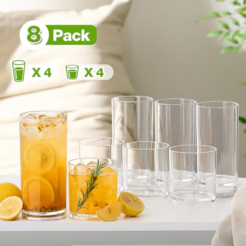 Plastic Drinking Glasses Set of 8, 14oz Rocks & 20oz Water Cups, Unbreakable Plastic Glasses Drinkware, Clear Kitchen Tumblers
