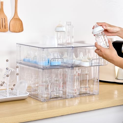 4 Pack Clear Stackable Storage Drawers,Easy to Assemble Bathroom Organizers and Storage with handles,Plastic Drawers for Kitchen