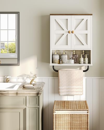 Bathroom Wall Cabinet, Medicine Cabinet with Open Partition and Towel Bar, Rustic Storage Cabinet with Open and Hidden Storage