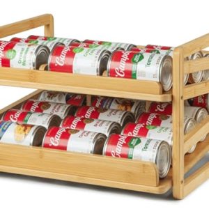 Bamboo Rolling Can Organizer Rack, Stackable 2 Tier Canned Food Organizer Rack for Storage, Kitchen Cabinet, Can Holders