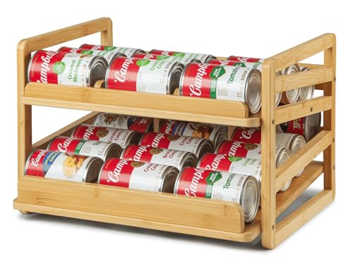 Bamboo Rolling Can Organizer Rack, Stackable 2 Tier Canned Food Organizer Rack for Storage, Kitchen Cabinet, Can Holders