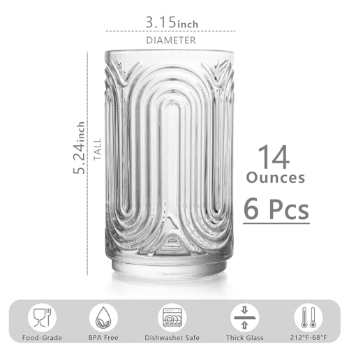 INSETLAN Set of 6 Vintage Glassware - 14 oz Water Drinking Glasses, Art Deco Ripple Glass Cup, Cocktail Glasses, for Bar
