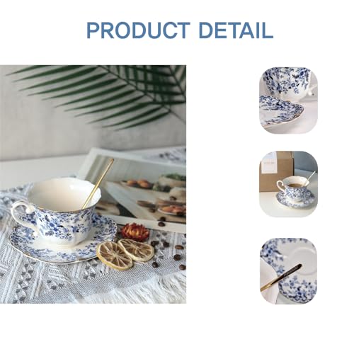 Vintage Floral Porcelain Tea Cup and Saucer Set with Spoon, Gold Trim, 6.4 oz – Set of 2, Blue – Tea & Espresso & Coffee Cups