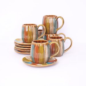 12 Pieces Fine Porcelain Brone Color Glazed Hand-drawn Tea Cups and Saucers,Classical Art Rainbow Pattern 7oz Tea Cup set for 6
