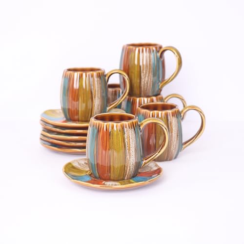 12 Pieces Fine Porcelain Brone Color Glazed Hand-drawn Tea Cups and Saucers,Classical Art Rainbow Pattern 7oz Tea Cup set for 6