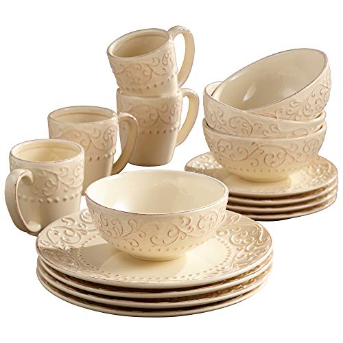 Bianca Casual Round Dinnerware Set – 16-Piece Stoneware Party Collection w/ 4 Dinner Salad Plates, 4 Bowls & 4 Mugs – Unique