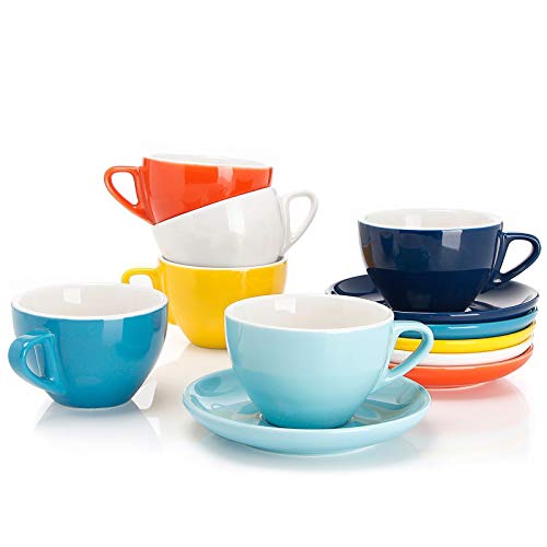 6 Ounce Cappuccino Cups with Saucers, Porcelain Double Espresso Cups Set of 6 - Hot Assorted Colors